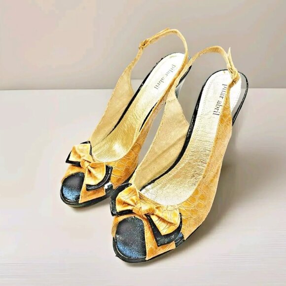 Pilar Abril Peep Toe Slingback Heels Gold Leather Croc with Bow Womens 9.5 EU 41 - Picture 1 of 7